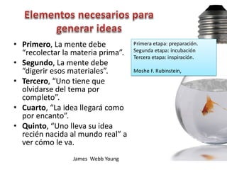 • Primero, La mente debe           Primera etapa: preparación.
                                   Segunda etapa: incubación
  “recolectar la materia prima”.   Tercera etapa: inspiración.
• Segundo, La mente debe
  “digerir esos materiales”.       Moshe F. Rubinstein,
• Tercero, “Uno tiene que
  olvidarse del tema por
  completo”.
• Cuarto, “La idea llegará como
  por encanto”.
• Quinto, “Uno lleva su idea
  recién nacida al mundo real” a
  ver cómo le va.
                James Webb Young
 