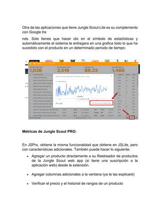 Otra de las aplicaciones que tiene Jungle Scout Lite es su complemento
con Google tre
nds. Solo tienes que hacer clic en el símbolo de estadísticas y
automáticamente el sistema te entregara en una grafica todo lo que ha
sucedido con el producto en un determinado periodo de tiempo:
Métricas de Jungle Scout PRO:
En JSPro, obtiene la misma funcionalidad que obtiene en JSLite, pero
con características adicionales. También puede hacer lo siguiente:
• Agregar un producto directamente a su Rastreador de productos
de la Jungle Scout web app (si tiene una suscripción a la
aplicación web) desde la extensión.
• Agregar columnas adicionales a la ventana (ya te las explicaré)
• Verificar el precio y el historial de rangos de un producto
 