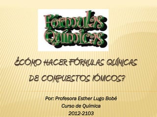 ¿CÓMO HACER FÓRMULAS QUÍMICAS
   DE COMPUESTOS IÓNICOS?
       Por: Profesora Esther Lugo Bobé
               Curso de Química
                  2012-2103
 
