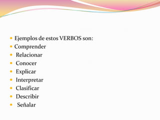 Ejemplos de estos VERBOS son:Comprender Relacionar Conocer Explicar Interpretar Clasificar DescribirSeñalar