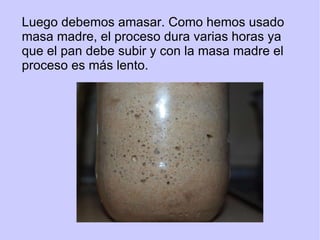 Luego debemos amasar. Como hemos usado masa madre, el proceso dura varias horas ya que el pan debe subir y con la masa madre el proceso es más lento.  