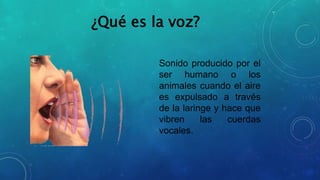 ¿Qué es la voz?
Sonido producido por el
ser humano o los
animales cuando el aire
es expulsado a través
de la laringe y hace que
vibren las cuerdas
vocales.
 