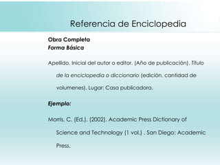 Referencia de Enciclopedia <ul><li>Obra Completa </li></ul><ul><li>Forma Básica </li></ul><ul><li>Apellido, Inicial del au...