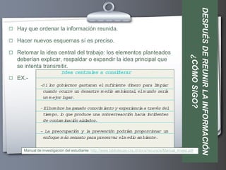 DESPUÉS DE REUNIR LA INFORMACIÓN
 Hay que ordenar la información reunida.

 Hacer nuevos esquemas sí es preciso.

 Retomar la idea central del trabajo: los elementos planteados




                                                                                                                  ¿CÓMO SIGO?
   deberían explicar, respaldar o expandir la idea principal que
   se intenta transmitir.

 EX.-




     Manual de investigación del estudiante: http://www.bibliotecas-cra.cl/docs/recursos/Manual_Invest.pdf
 
