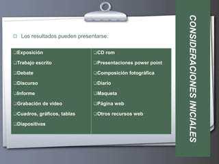 CONSIDERACIONES INICIALES
 Los resultados pueden presentarse:


Exposición                   CD rom

Trabajo escrito              Presentaciones power point

Debate                       Composición fotográfica

Discurso                     Diario

Informe                      Maqueta

Grabación de vídeo           Página web

Cuadros, gráficos, tablas    Otros recursos web

Diapositivas
 
