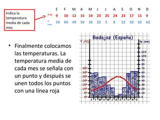 • Finalmente colocamos
las temperaturas. La
temperatura media de
cada mes se señala con
un punto y después se
unen todos los puntos
con una línea roja
E F M A M J J A S O N D
T ºC 9 10 12 15 19 23 25 24 23 17 11 9
P
mm
59 60 49 50 30 22 3 8 22 59 62 62
Indica la
temperatura
media de cada
mes
 