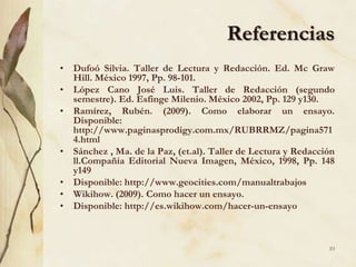 ReferenciasDufoó Silvia. Taller de Lectura y Redacción. Ed. Mc Graw Hill. México 1997, Pp. 98-101. López Cano José Luis. Taller de Redacción (segundo semestre). Ed. Esfinge Milenio. México 2002, Pp. 129 y130. Ramírez, Rubén. (2009). Como elaborar un ensayo. Disponible: http://www.paginasprodigy.com.mx/RUBRRMZ/pagina5714.html Sánchez , Ma. de la Paz, (et.al). Taller de Lectura y Redacción ll.Compañía Editorial Nueva Imagen, México, 1998, Pp. 148 y149Disponible: http://www.geocities.com/manualtrabajos Wikihow. (2009). Como hacer un ensayo. Disponible: http://es.wikihow.com/hacer-un-ensayo 10