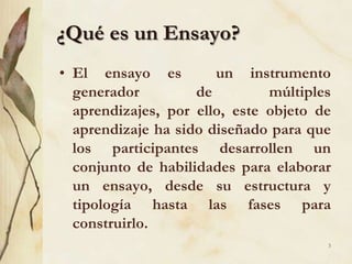 ¿Qué es un Ensayo?El ensayo es  un instrumento generador de múltiples aprendizajes, por ello, este objeto de aprendizaje ha sido diseñado para que los participantes desarrollen un conjunto de habilidades para elaborar un ensayo, desde su estructura y tipología hasta las fases para construirlo.3