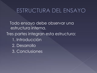 Todo ensayo debe observar una
estructura interna.
Tres partes integran esta estructura:
1. Introducción
2. Desarrollo
3. Conclusiones
 