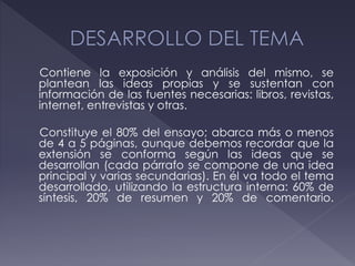 Contiene la exposición y análisis del mismo, se
plantean las ideas propias y se sustentan con
información de las fuentes necesarias: libros, revistas,
internet, entrevistas y otras.
Constituye el 80% del ensayo; abarca más o menos
de 4 a 5 páginas, aunque debemos recordar que la
extensión se conforma según las ideas que se
desarrollan (cada párrafo se compone de una idea
principal y varias secundarias). En él va todo el tema
desarrollado, utilizando la estructura interna: 60% de
síntesis, 20% de resumen y 20% de comentario.
 