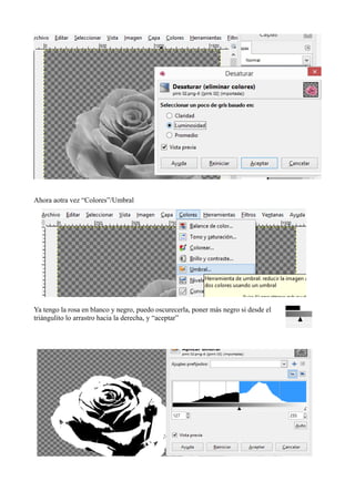 Ahora aotra vez “Colores”/Umbral
Ya tengo la rosa en blanco y negro, puedo oscurecerla, poner más negro si desde el
triángulito lo arrastro hacia la derecha, y “aceptar”
 