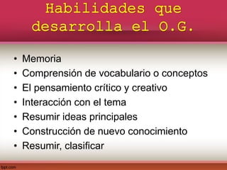 Habilidades que
desarrolla el O.G.
• Memoria
• Comprensión de vocabulario o conceptos
• El pensamiento crítico y creativo
• Interacción con el tema
• Resumir ideas principales
• Construcción de nuevo conocimiento
• Resumir, clasificar
 