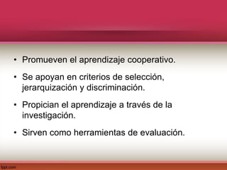 • Promueven el aprendizaje cooperativo.
• Se apoyan en criterios de selección,
jerarquización y discriminación.
• Propician el aprendizaje a través de la
investigación.
• Sirven como herramientas de evaluación.
 
