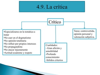 4.9. La crítica

                                           Crítico

•Especializarse en la temática a                             Tarea: controvertida,
tratar                                                       opinión personal y
•No caer en el dogmatismo                                    valoración subjetiva.
•No opinión totalitaria
•No influir por propios intereses
                                        Cualidades:
•No propagandista
                                        - Gran afición y
•No atacar injustamente
                                        sensibilidad
•Actitud ecuánime y respeto
                                        -Profundo
                                        conocimiento
                                        -Sólidos criterios
 