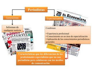 Periodistas

  Generalistas                         Especializados


  Informan de                         Combinan:
cualquier noticia
                                      • Experiencia profesional
                                      • Conocimiento en un área de especialización
                                      • Aplicación de los conocimientos periodísticos
                                      generales




             Características que les diferencian de los
               profesionales especialistas que no son
             periodistas pero colaboran con los medios
                          de comunicación
 