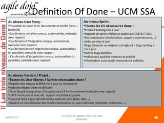 Au niveau Sprint :
•Toutes les US nécessaires done !
•Product Backlog mis à jour
•Rapport de sprint réalisé et publié par DSB & IT SAA
•Documentation (exploitation, support, maintenance,…)
créée ou mise à jour
•Bugs bloquant ou majeurs corrigés et « bug tracking «
mis à jour
•Autres Bugs planifiés
•Indicateurs qualités mesurés et publiés
•Information suivi projet mesurées et publiées
Definition Of Done – UCM SSA
14/05/2013
(c) CMOI & Agilbee 2013. All right
reserved. 40
Au niveau User Story :
•Ensemble du code écrit, documenté et vérifié (revu +
build OK)
•Cas de tests unitaires conçus, automatisés, exécutés
avec rapport
•Cas de tests d’intégration conçus, automatisés,
exécutés avec rapport
•Cas de tests de non régression conçus, automatisés
(si possible), exécutés avec rapport
• Cas de tests d’acceptation conçus, automatisés (si
possible), exécutés avec rapport
Au niveau Version / Projet :
•Toutes les User Stories / Sprints nécessaires done !
•Registre des risques & BPM mis à jour (si nécessaire)
•Note de release créée et diffusée
•Tests de pré-acceptance, d’acceptance et d’environnement exécutés avec rapport
•UATP mis à jour et exécuté, rapport constitué et publié
•Calcul et mise à jour des KPI et des outils de suivi (JIRA, NQI,…)
•Analyse et consolidation des modifs nécessaires au plan méthode (template, indicateur,…)
 