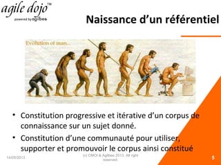 Naissance d’un référentiel
• Constitution progressive et itérative d’un corpus de
connaissance sur un sujet donné.
• Constitution d’une communauté pour utiliser,
supporter et promouvoir le corpus ainsi constitué
14/05/2013
(c) CMOI & Agilbee 2013. All right
reserved. 5
 