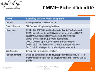 CMMI– Fiche d’identité
CMMI Capability Maturity Model Intégration
Origine Carnegie Mellon Universty (US)
Club Utilisateur SEI (Software Engineering Institute)
Historique 1991 : SW-CMM (Capability Maturity Model for Software)
1994 : complement sue SE (System Ingineering) et SECAM
(Systems Model Capability & Assessment Method)
1996 : orientation SA (software acquisition)
2000 : CMMI V1 par fusion des différents modéles
2006 : V1.2 : représentation continue et étagé, Niv 3 ++
2010 : V1.3 : + intégration et description Niv 4 et 5
Certification Entreprise sur niveau de maturité
Positionnement Cycle de conception et de développement des produits (IT) et
méthodologie de gestion du projet conduisant à la livraison du
produit
14/05/2013
(c) CMOI & Agilbee 2013. All right
reserved. 9
 