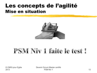 Les concepts de l’agilité
Mise en situation




        Vous êtes prêt ?:
             Alors allons y. C’est par ici que cela ce passe !



                           Devenir Scrum Master certifié
© CMOI pour 2013                    PSM Niv 1                    13
 