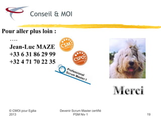 Pour aller plus loin :
  ….
  Jean-Luc MAZE
  +33 9 70 40 84 81
  network@conseiletmoi.com
  @ConseilMOI (twitter)




                     Devenir Scrum Master certifié
  © CMOI pour 2013            PSM Niv 1              19
 