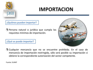 IMPORTACION
Persona natural o jurídica que cumpla los
requisitos mínimos de importación.
¿Quiénes pueden importar?
Cualquier mercancía que no se encuentre prohibida. En el caso de
mercancía de importación restringida, sólo será posible su importación si
obtiene la correspondiente autorización del sector competente.
¿Qué se puede importar?
Fuente: SUNAT
 
