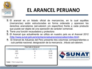 EL ARANCEL PERUANO
 El arancel es un listado oficial de mercancías, en la cual aquéllas
(mercancías) están estructuradas en forma ordenada y aparecen los
derechos arancelarios (ad-valorem y/o específico) frente a cada producto
que puede ser objeto de una operación de carácter comercial.
 Tiene una función recaudadora y protectora
 El Arancel que actualmente se utiliza en nuestro país es el Arancel 2012
(http://www.sunat.gob.pe/orientacionaduanera/aranceles/index.html)
 El Arancel de Aduanas del Perú presenta tres columnas correspondientes a
: sub partida nacional, designación de la mercancía , tributo ad-valorem.
FUENTE: SUNAT
 