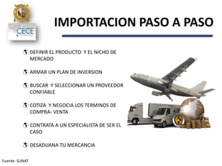 IMPORTACION PASO A PASO
Fuente: SUNAT
 DEFINIR EL PRODUCTO Y EL NICHO DE
MERCADO
 ARMAR UN PLAN DE INVERSION
 BUSCAR Y SELECCIONAR UN PROVEEDOR
CONFIABLE
 COTIZA Y NEGOCIA LOS TERMINOS DE
COMPRA- VENTA
 CONTRATA A UN ESPECIALISTA DE SER EL
CASO
 DESADUANA TU MERCANCIA
 