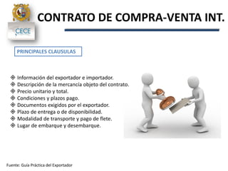  Información del exportador e importador.
 Descripción de la mercancía objeto del contrato.
 Precio unitario y total.
 Condiciones y plazos pago.
 Documentos exigidos por el exportador.
 Plazo de entrega o de disponibilidad.
 Modalidad de transporte y pago de flete.
 Lugar de embarque y desembarque.
PRINCIPALES CLAUSULAS
Fuente: Guía Práctica del Exportador
CONTRATO DE COMPRA-VENTA INT.
 