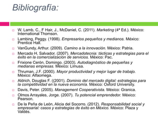 Bibliografía:

   W. Lamb, C., F Hair, J., McDaniel, C. (2011). Marketing (4ª Ed.). México:
    International Thomson.
   Lambing, Peggy. (1998). Empresarios pequeños y medianos. México:
    Prentice Hall.
   VanGundy, Arthur. (2009). Camino a la innovación. México: Patria.
   Mercado H, Salvador. (2007). Mercadotecnia: tácticas y estrategias para el
    éxito en la comercialización de servicios. México: Pac.
   Frixione Cerón, Domingo. (2003). Autodiagnóstico de pequeñas y
    medianas empresas. México: Limusa.
   Thruman, J.F. (2000). Mayor productividad y mejor lugar de trabajo.
    México: Alfaomega.
   Aldrich, Douglas F. ((2001). Dominio del mercado digital: estrategias para
    la competitividad en la nueva economía. México: Oxford University.
   Davis, Peter. (2005). Management Cooperativista. México: Granica.
   Olmos Arrayales, Jorge. (2007). Tu potencial emprendedor. México:
    Pearson.
   De la Peña de León, Alicia del Socorro. (2012). Responsabilidad social y
    empresarial: casos y estrategias de éxito en México. México: Plaza y
    Valdés.
 
