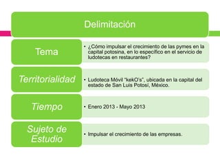 Delimitación

                  • ¿Cómo impulsar el crecimiento de las pymes en la
    Tema            capital potosina, en lo específico en el servicio de
                    ludotecas en restaurantes?



Territorialidad   • Ludoteca Móvil “kekO’s”, ubicada en la capital del
                    estado de San Luis Potosí, México.



   Tiempo         • Enero 2013 - Mayo 2013



  Sujeto de       • Impulsar el crecimiento de las empresas.
   Estudio
 