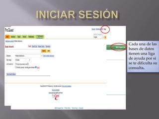 Iniciar sesión Cada una de las bases de datos tienen una liga de ayuda por si se te dificulta su consulta.