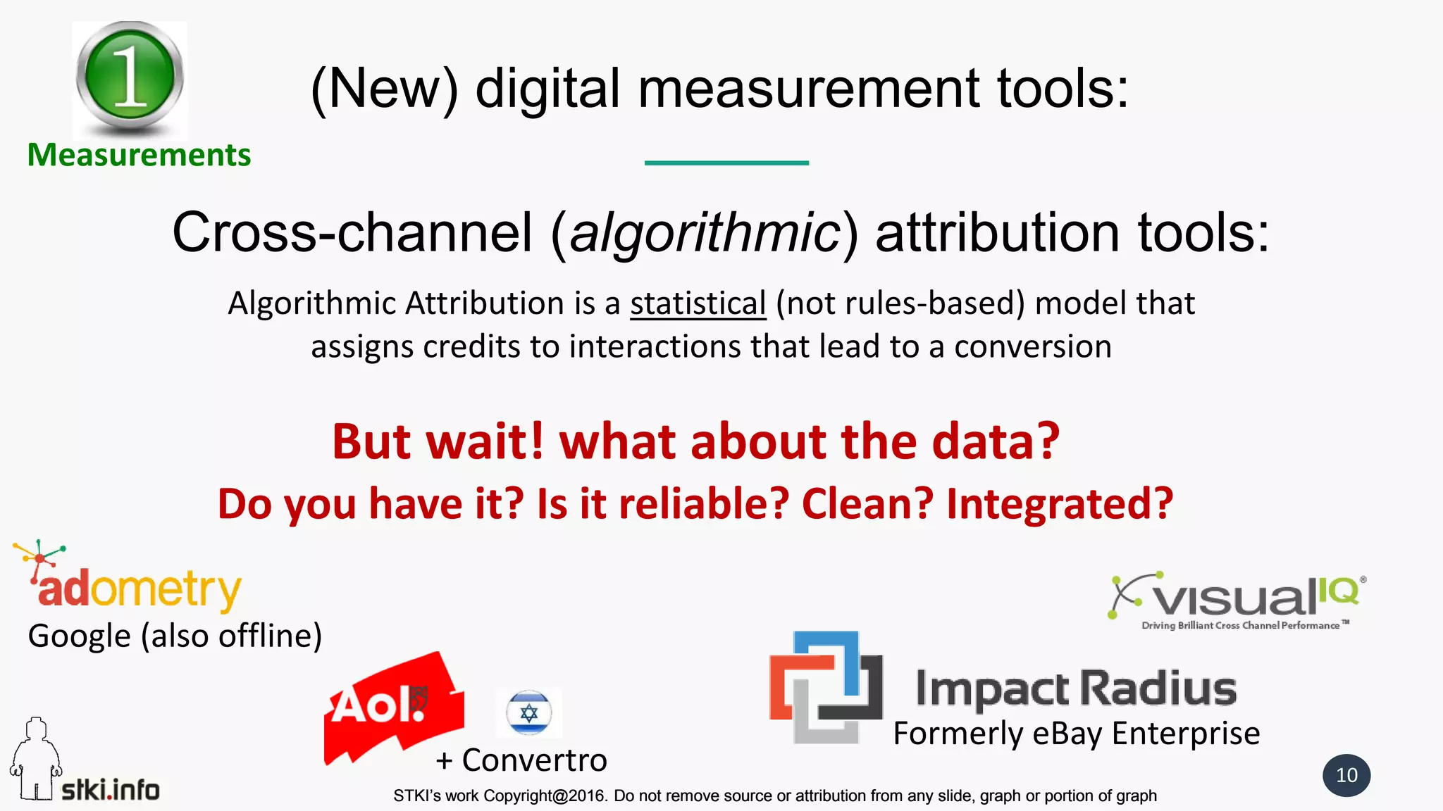 STKI’s work Copyright@2016. Do not remove source or attribution from any slide, graph or portion of graph
10
STKI’s work Copyright@2016. Do not remove source or attribution from any slide, graph or portion of graph
(New) digital measurement tools:
Cross-channel (algorithmic) attribution tools:
Google (also offline)
Formerly eBay Enterprise
Algorithmic Attribution is a statistical (not rules-based) model that
assigns credits to interactions that lead to a conversion
+ Convertro
But wait! what about the data?
Do you have it? Is it reliable? Clean? Integrated?
Measurements
 