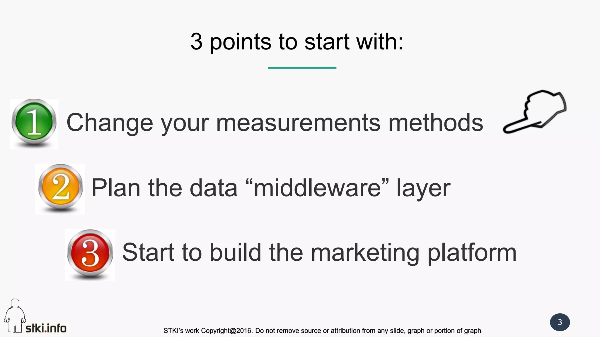 STKI’s work Copyright@2016. Do not remove source or attribution from any slide, graph or portion of graph
3
STKI’s work Copyright@2016. Do not remove source or attribution from any slide, graph or portion of graph
3 points to start with:
Change your measurements methods
Plan the data “middleware” layer
Start to build the marketing platform
 