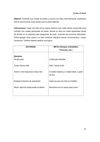 Servicio al cliente
68
Objetivo: Controlar sus niveles de estrés y convivir con ellos más fácilmente, empleando
todo el conocimiento sobre estrés que ha usted obtenido.
Instrucciones: Haga una lista de los pasos positivos que usted piense emprender para
controlar sus niveles personales de estrés. Revise su lista con cierta regularidad (anote
las fechas en su agenda) para asegurarse de estar tomando las acciones adecuadas.
Podrá agregar otras cosas a su lista conforme adquiera nuevos conocimientos y mayor
conciencia. También deberá celebrar sus logros.
ACTIVIDAD META (Tiempos, Cantidades,
Personas, etc.)
Ejemplos:
Perder peso,
Tomar menos café
Tomar 2 mini descansos más al día
Emplear la técnica de respiración
Hacer ejercicio hasta perder el aliento
4 kilos para Navidad
Sólo 1 tazas al día
A media mañana y a media tarde, a partir
de hoy
Cada vez que me irrito en el tráfico
Reunirme con mi vecino para correr
 