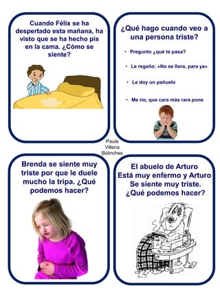 Paula Villena Bolinches 
Cuando Félix se ha despertado esta mañana, ha visto que se ha hecho pis en la cama. ¿Cómo se siente? 
Brenda se siente muy triste por que le duele mucho la tripa. ¿Qué podemos hacer? 
¿Qué hago cuando veo a una persona triste? 
El abuelo de Arturo Está muy enfermo y Arturo Se siente muy triste. ¿Qué podemos hacer? 
•Pregunto ¿qué te pasa? 
•Le regaño: «No se llora, para ya» 
•Le doy un pañuelo 
•Me río, que cara más rara pone  