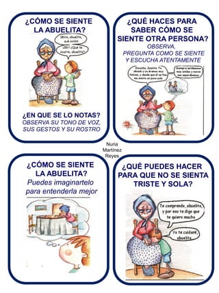 Nuria 
Martínez 
Reyes 
¿CÓMO SE SIENTE 
LA ABUELITA? 
¿EN QUE SE LO NOTAS? OBSERVA SU TONO DE VOZ, SUS GESTOS Y SU ROSTRO 
¿QUÉ HACES PARA SABER CÓMO SE SIENTE OTRA PERSONA? OBSERVA, PREGUNTA COMO SE SIENTE Y ESCUCHA ATENTAMENTE 
¿CÓMO SE SIENTE LA ABUELITA? Puedes imaginartelo para entenderla mejor 
¿QUÉ PUEDES HACER PARA QUE NO SE SIENTA TRISTE Y SOLA?  