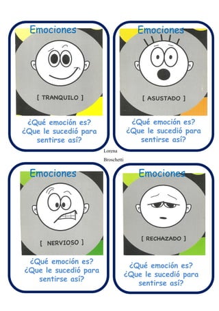 ¿Qué emoción es?
¿Que le sucedió para
sentirse así?
¿Qué emoción es?
¿Que le sucedió para
sentirse así?
¿Qué emoción es?
¿Que le sucedió para
sentirse así?
¿Qué emoción es?
¿Que le sucedió para
sentirse así?
Emociones Emociones
Emociones Emociones
Lorena
Broschetti
 