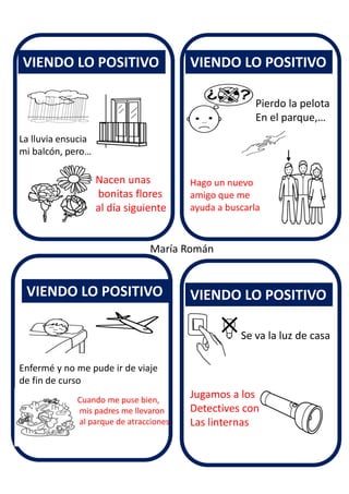 VIENDO LO POSITIVO
VIENDO LO POSITIVO
VIENDO LO POSITIVO
VIENDO LO POSITIVO
María Román
La lluvia ensucia
mi balcón, pero…
Nacen unas
bonitas flores
al día siguiente
Pierdo la pelota
En el parque,…
Hago un nuevo
amigo que me
ayuda a buscarla
Enfermé y no me pude ir de viaje
de fin de curso
Cuando me puse bien,
mis padres me llevaron
al parque de atracciones
Se va la luz de casa
Jugamos a los
Detectives con
Las linternas
 