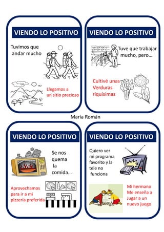 VIENDO LO POSITIVO
VIENDO LO POSITIVO
VIENDO LO POSITIVO
VIENDO LO POSITIVO
María Román
Tuvimos que
andar mucho
Llegamos a
un sitio precioso
Tuve que trabajar
mucho, pero…
Cultivé unas
Verduras
riquísimas
Se nos
quema
la
comida…
Aprovechamos
para ir a mi
pizzería preferida
Quiero ver
mi programa
favorito y la
tele no
funciona
Mi hermano
Me enseña a
Jugar a un
nuevo juego
 