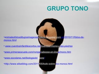 GRUPO TONO



•animalesfotosdibujosimagenesvideos.blogspot.com.es/2010/11/fotos-de-
monos.html

• www.cuentosinfantilescortos.net/cuentoel-mono-y-las-piedras

•www.primeraescuela.com/rompecabezas-en-linea/mono.htm

•www.escolares.net/biologia/el-mono/

•http://www.elbatiblog.com/2011/05/todo-sobre-los-monos.html
 