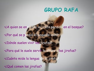 GRUPO RAFA


•¿A quien se encontró la jirafa perdido en el bosque?

•¿Por qué se perdió el pequeño león?

•¿Dónde suelen vivir las jirafas?

•¿Para qué le suele servir la altura a las jirafas?

•¿Cuánto mide la lengua de la jirafa?

•¿Qué comen las jirafas?
 