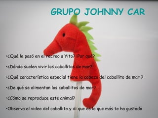 GRUPO JOHNNY CAR



•¿Qué le pasó en el recreo a Yito? ¡Por qué?

•¿Dónde suelen vivir los caballitos de mar?

•¿Qué característica especial tiene la cabeza del caballito de mar ?

•¿De qué se alimentan los caballitos de mar?

•¿Cómo se reproduce este animal?

•Observa el video del caballito y di que es lo que más te ha gustado
 