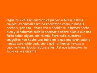 ¿Qué tal? ¿Os ha gustado el juego? A NO nuestros
amigos los animales les ha encantado como lo habéis
hecho y, por eso, ahora van a decidir si lo hemos hecho
bien y si sabemos todo lo necesario sobre ellos o aún nos
falta saber alguna cosita más. Para esto, nuestros
amiguitos han hecho una tabla en la que anotarán cuánto
hemos aprendido cada uno y qué tal hemos llevado a
cabo la investigación sobre ellos. Así que ¡atención!, la
tabla es la siguiente:
 