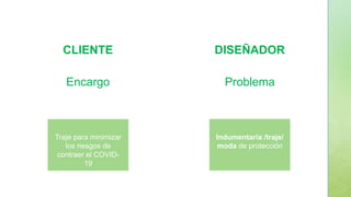 CLIENTE DISEÑADOR
Encargo Problema
Traje para minimizar
los riesgos de
contraer el COVID-
19
Indumentaria /traje/
moda de protección
 
