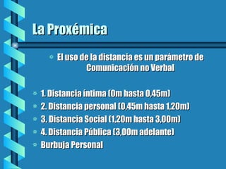 La Proxémica El uso de la distancia es un parámetro de Comunicación no Verbal 1. Distancia íntima (0m hasta 0,45m) 2. Distancia personal (0,45m hasta 1,20m) 3. Distancia Social (1,20m hasta 3,00m) 4. Distancia Pública (3,00m adelante) Burbuja Personal 