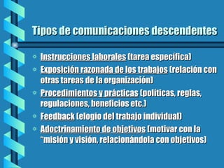 Tipos de comunicaciones descendentes Instrucciones laborales  (tarea específica) Exposición razonada de los trabajos  (relación con otras tareas de la organización) Procedimientos y prácticas  (políticas, reglas, regulaciones, beneficios etc.) Feedback  (elogio del trabajo individual) Adoctrinamiento de objetivos  (motivar con la “misión y visión, relacionándola con objetivos) 
