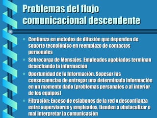 Problemas del flujo comunicacional descendente Confianza en métodos de difusión que dependen de soporte tecnológico en reemplazo de contactos personales Sobrecarga de Mensajes. Empleados agobiados terminan desechando la información Oportunidad de la Información. Sopesar las consecuencias de entregar una determinada información en un momento dado (problemas personales o al interior de los equipos) Filtración: Exceso de eslabones de la red y desconfianza entre supervisores y empleados, tienden a obstaculizar o mal interpretar la comunicación 
