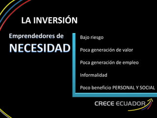 LA INVERSIÓN
Bajo riesgo
Poca generación de valor
Poca generación de empleo
Informalidad
Poco beneficio PERSONAL Y SOCIAL
 