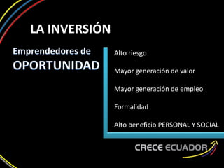 LA INVERSIÓN
Alto riesgo
Mayor generación de valor
Mayor generación de empleo
Formalidad
Alto beneficio PERSONAL Y SOCIAL
 