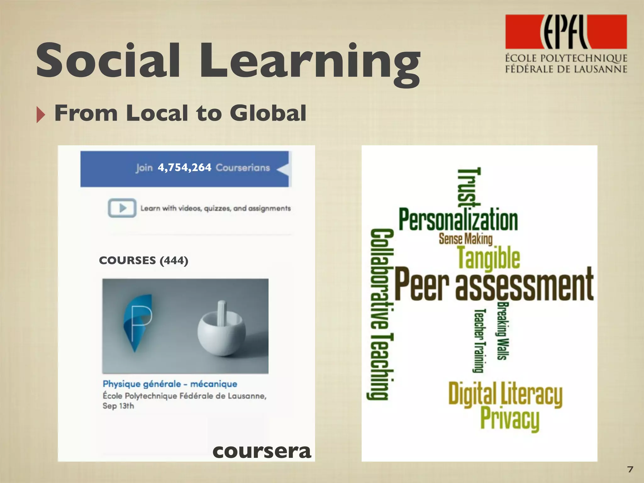 ‣ From Local to Global
7
coursera
COURSES (444)
4,754,264
Social Learning
 